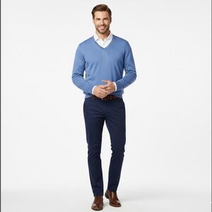 Massimo Dutti Men's Mulberry Silk Cotton V-Neck Knit Sweater Blue Large